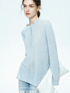 chicjuly Ice Blue Henley Collar Minimalist Commuter Women's Linen Long Sleeve T-shirts