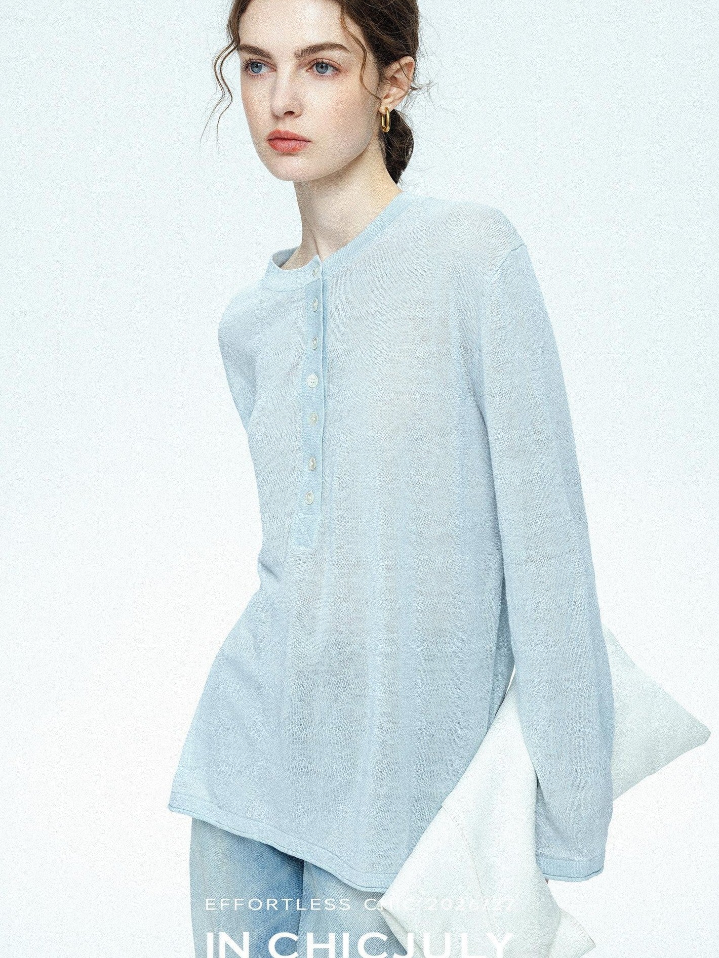 chicjuly Ice Blue Henley Collar Minimalist Commuter Women's Linen Long Sleeve T-shirts