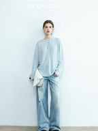 chicjuly Ice Blue Henley Collar Minimalist Commuter Women's Linen Long Sleeve T-shirts