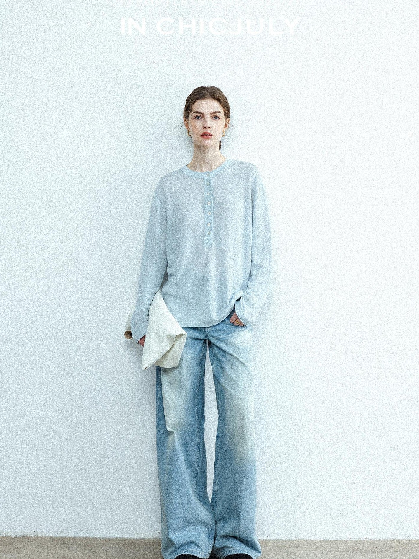 chicjuly Ice Blue Henley Collar Minimalist Commuter Women's Linen Long Sleeve T-shirts