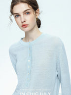 chicjuly Ice Blue Henley Collar Minimalist Commuter Women's Linen Long Sleeve T-shirts