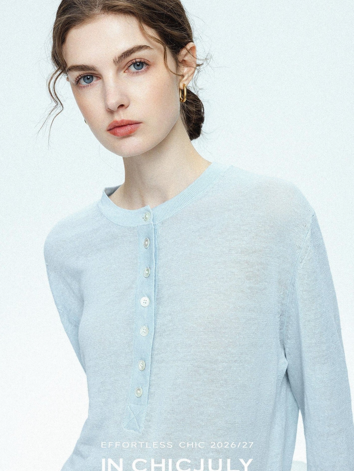 chicjuly Ice Blue Henley Collar Minimalist Commuter Women's Linen Long Sleeve T-shirts