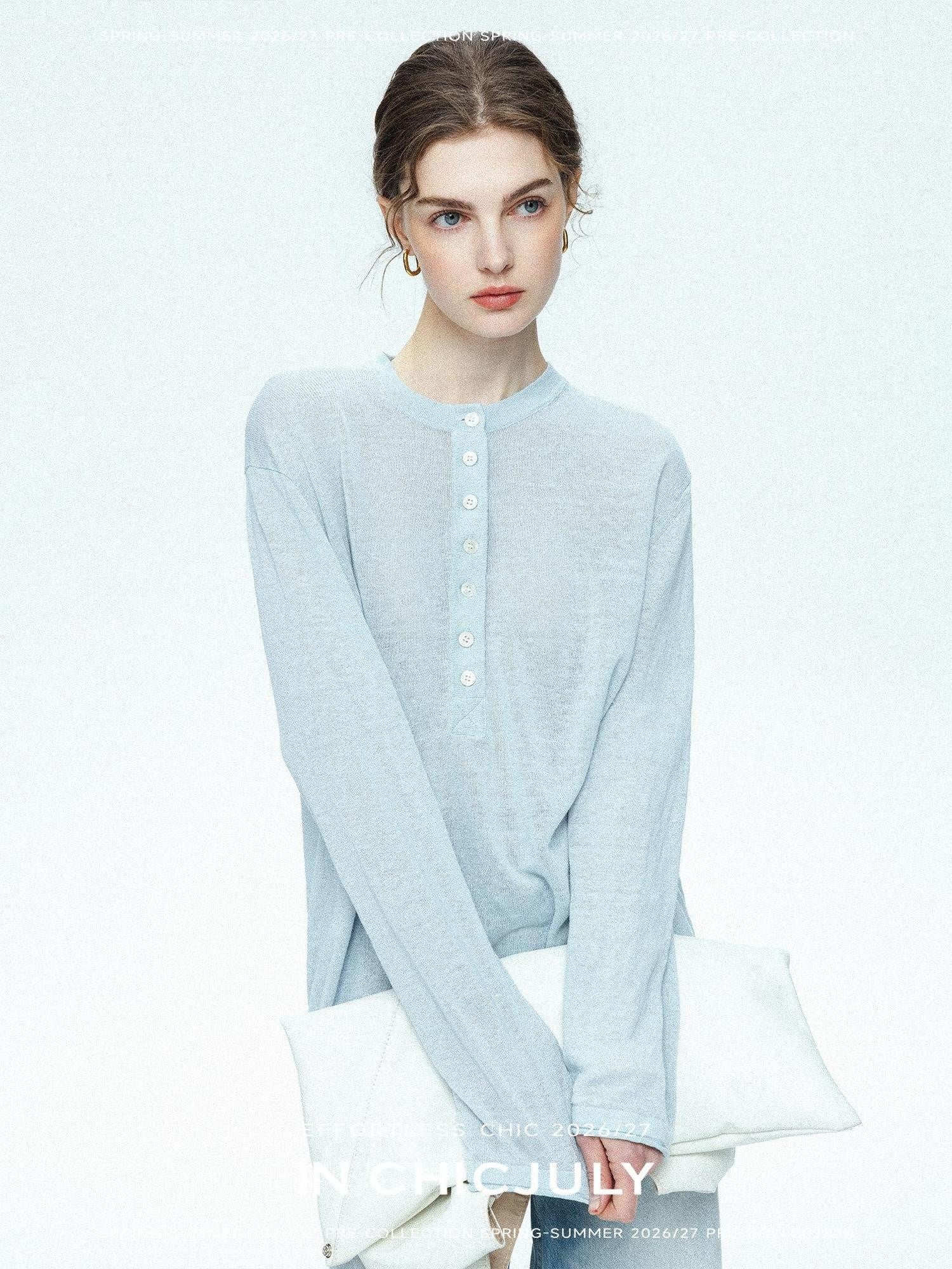 chicjuly Ice Blue Henley Collar Minimalist Commuter Women's Linen Long Sleeve T-shirts