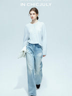 chicjuly Ice Blue Henley Collar Minimalist Commuter Women's Linen Long Sleeve T-shirts