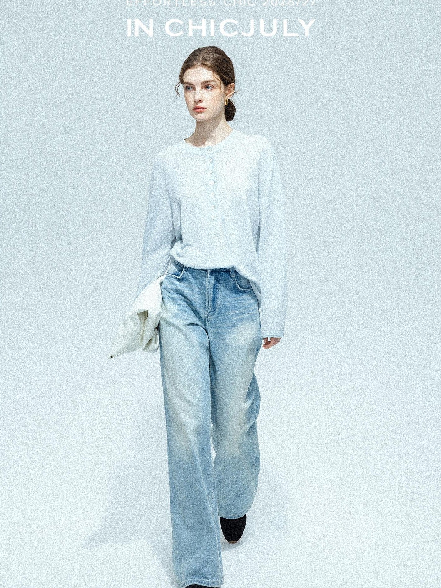 chicjuly Ice Blue Henley Collar Minimalist Commuter Women's Linen Long Sleeve T-shirts