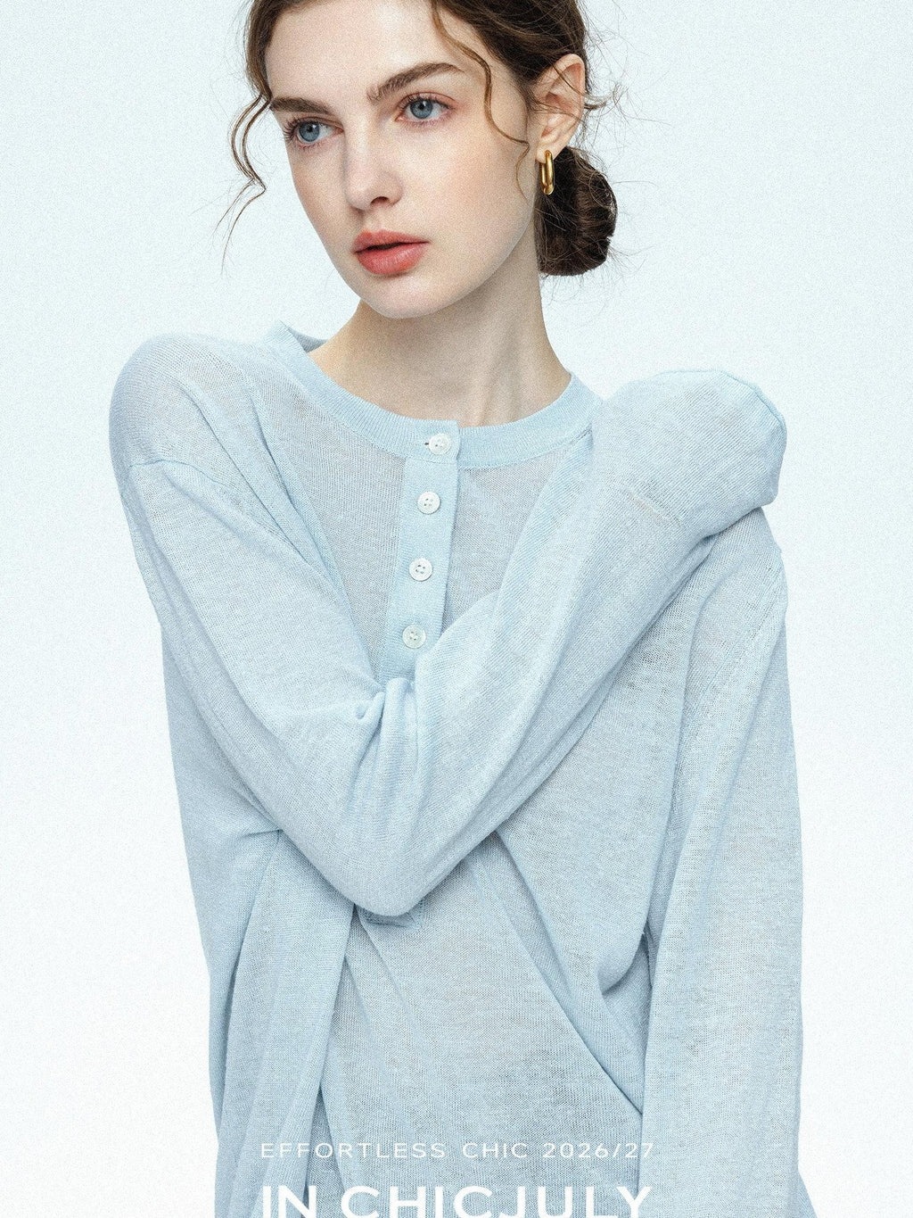 chicjuly Ice Blue Henley Collar Minimalist Commuter Women's Linen Long Sleeve T-shirts