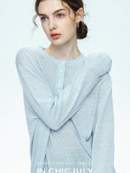 chicjuly Ice Blue Henley Collar Minimalist Commuter Women's Linen Long Sleeve T-shirts