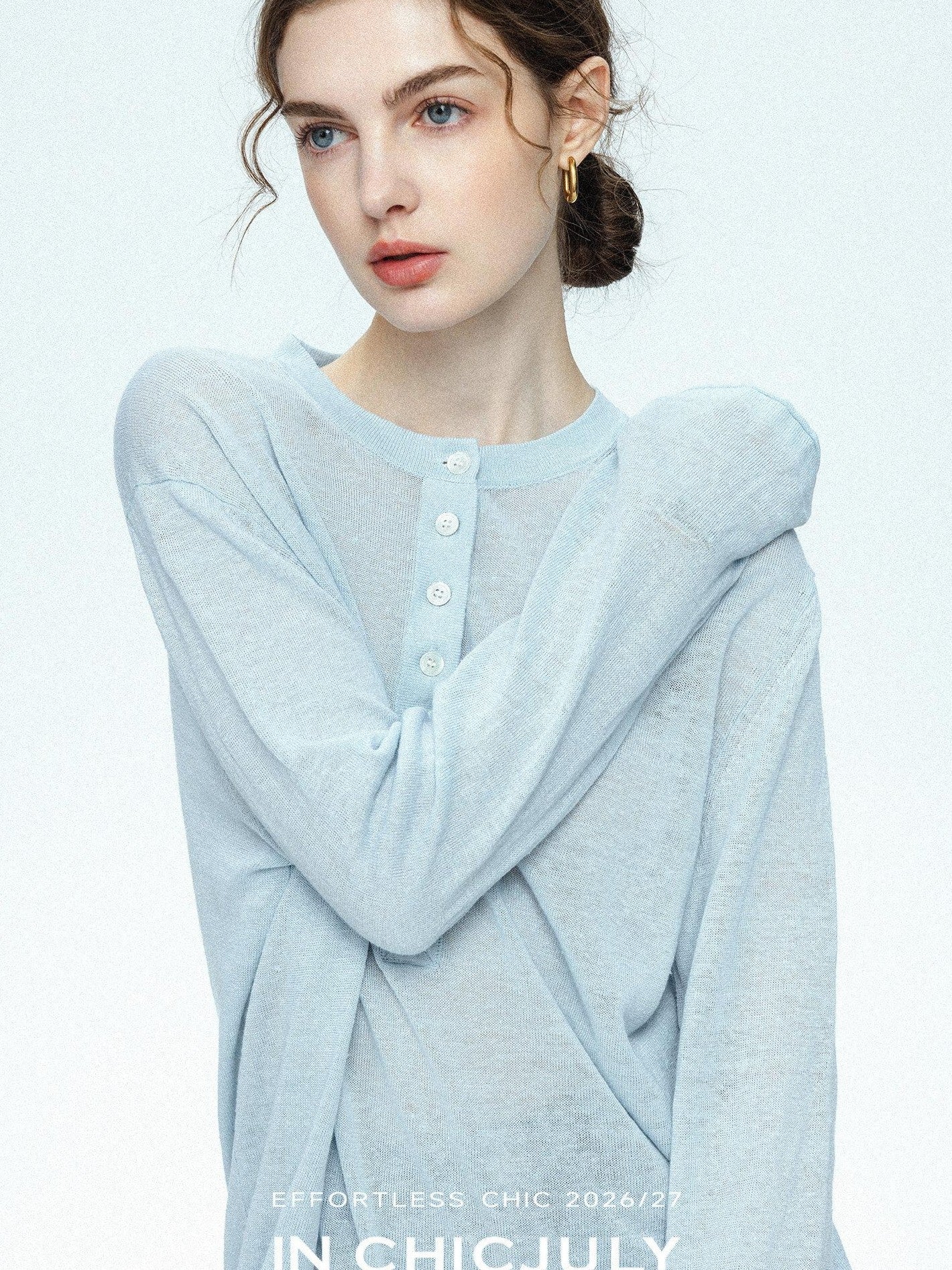 chicjuly Ice Blue Henley Collar Minimalist Commuter Women's Linen Long Sleeve T-shirts