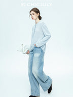 chicjuly Ice Blue Henley Collar Minimalist Commuter Women's Linen Long Sleeve T-shirts