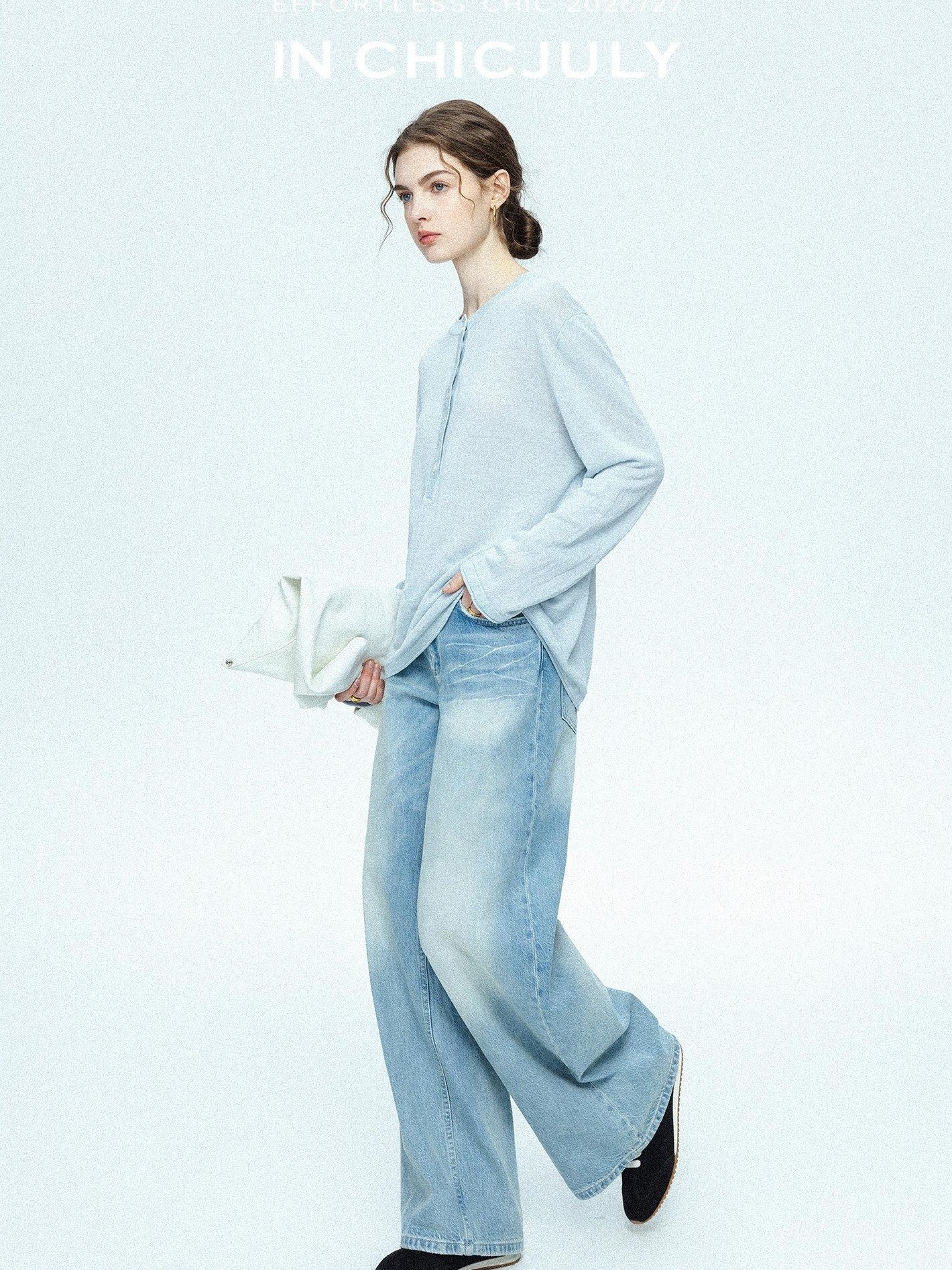 chicjuly Ice Blue Henley Collar Minimalist Commuter Women's Linen Long Sleeve T-shirts