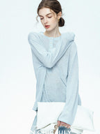 chicjuly Ice Blue Henley Collar Minimalist Commuter Women's Linen Long Sleeve T-shirts