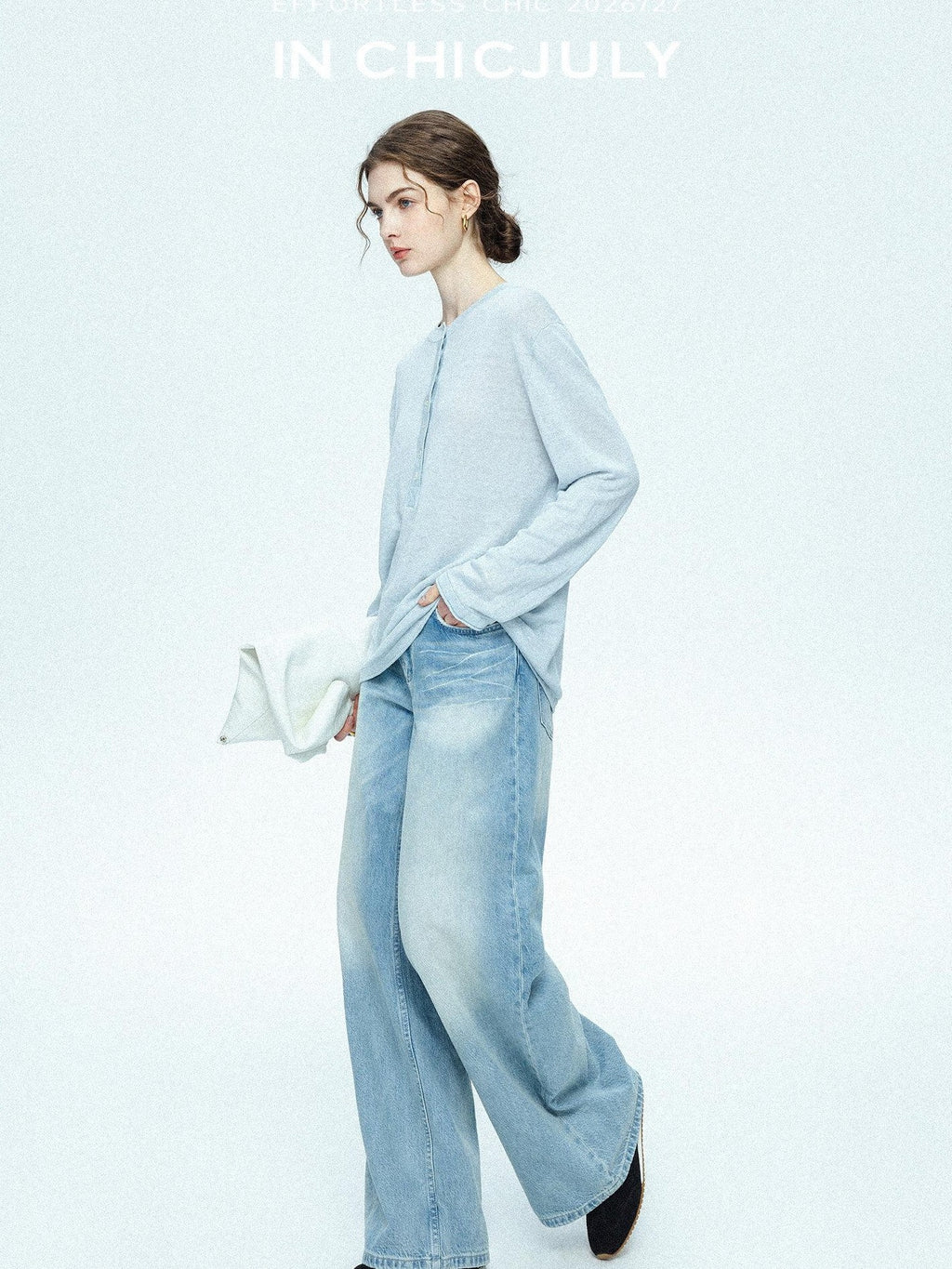 chicjuly Ice Blue Henley Collar Minimalist Commuter Women's Linen Long Sleeve T-shirts