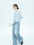 chicjuly Ice Blue Henley Collar Minimalist Commuter Women's Linen Long Sleeve T-shirts