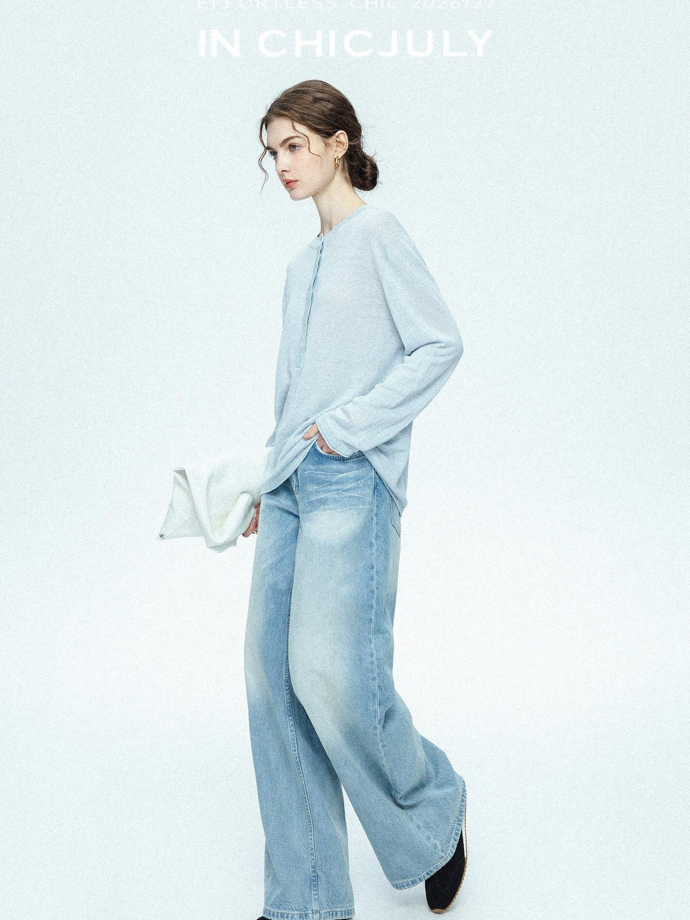 chicjuly Ice Blue Henley Collar Minimalist Commuter Women's Linen Long Sleeve T-shirts