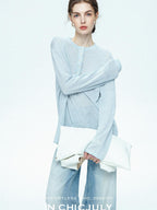 chicjuly Ice Blue Henley Collar Minimalist Commuter Women's Linen Long Sleeve T-shirts