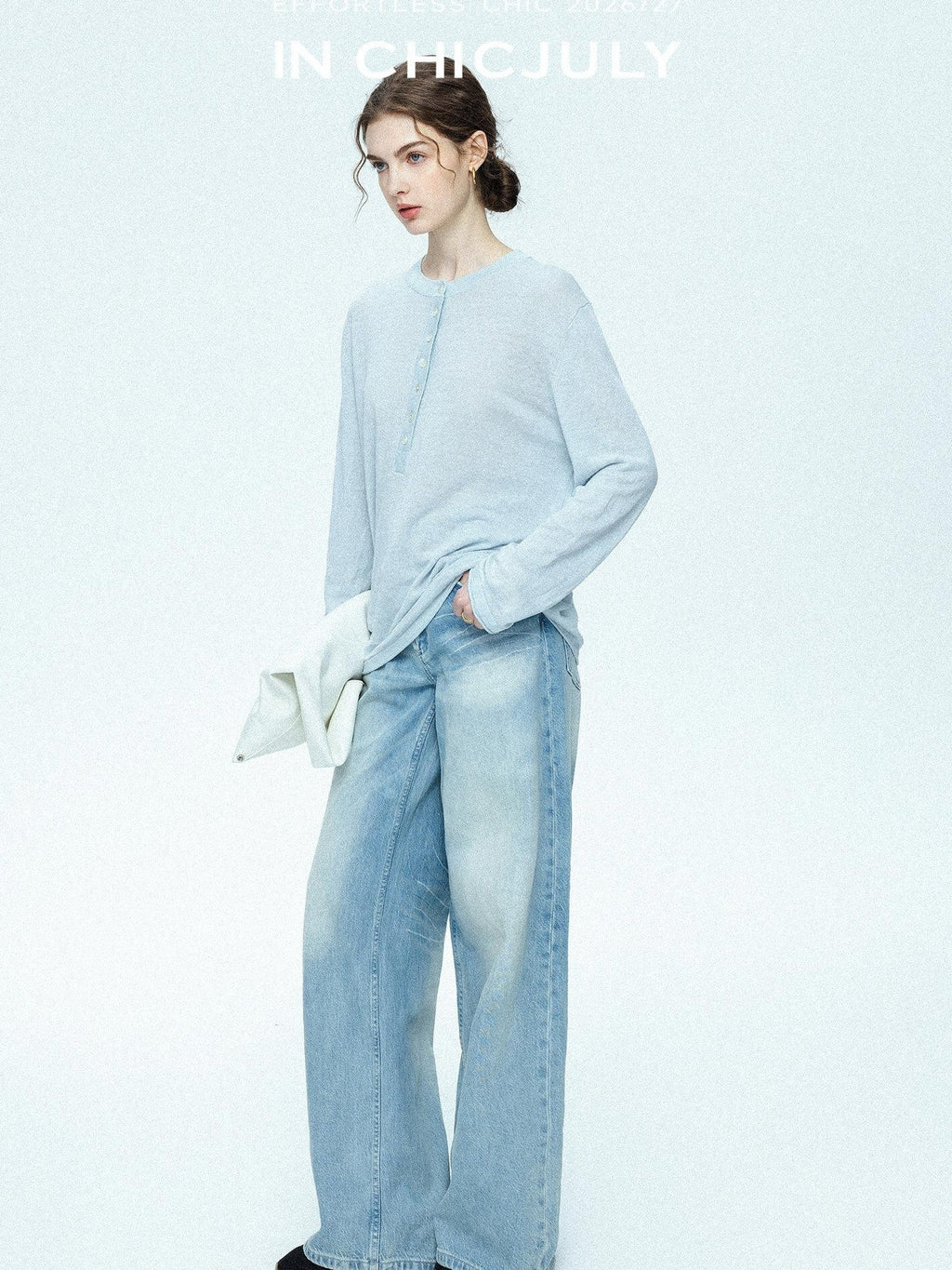 chicjuly Ice Blue Henley Collar Minimalist Commuter Women's Linen Long Sleeve T-shirts