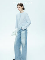 chicjuly Ice Blue Henley Collar Minimalist Commuter Women's Linen Long Sleeve T-shirts