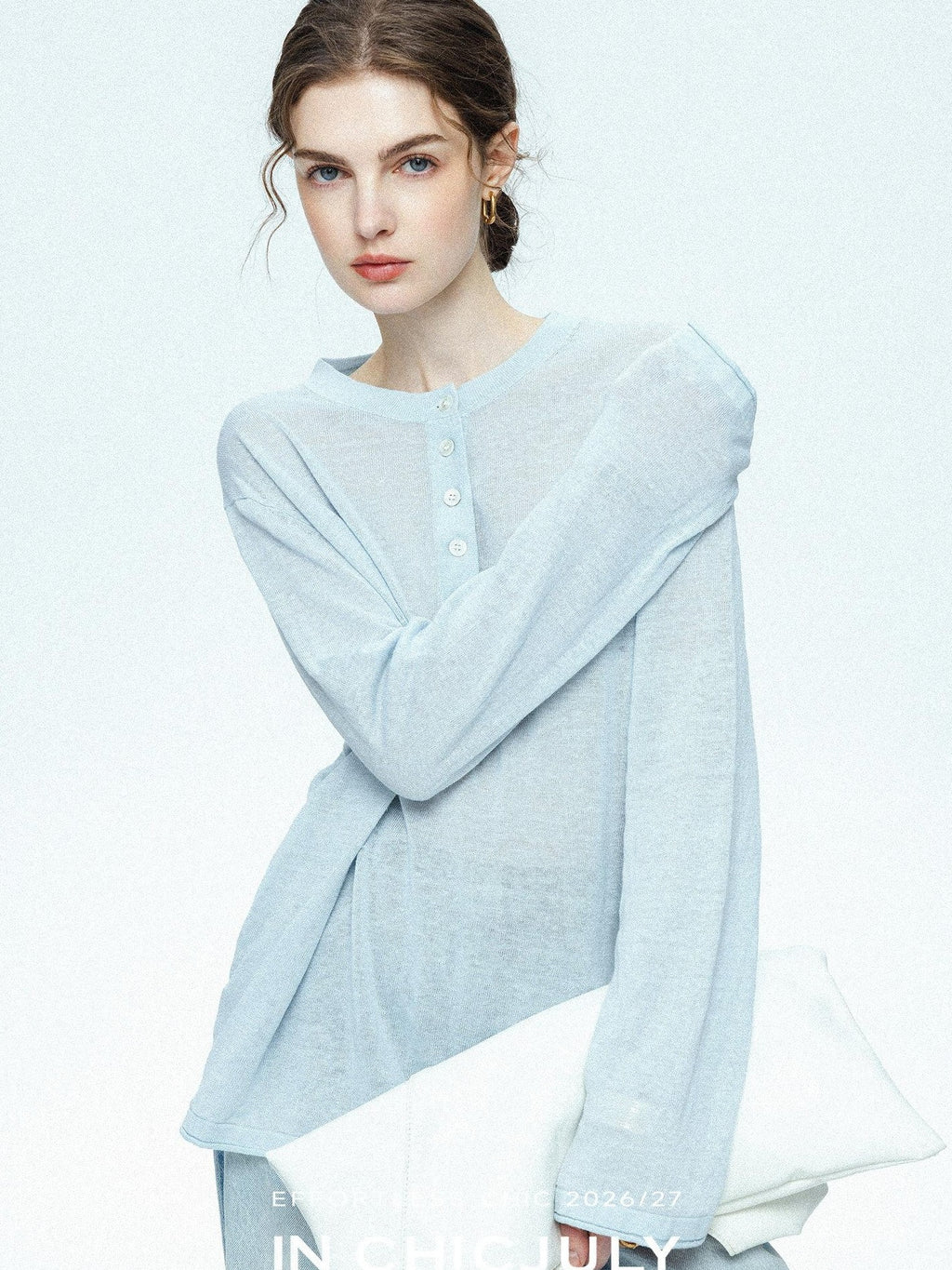chicjuly Ice Blue Henley Collar Minimalist Commuter Women's Linen Long Sleeve T-shirts