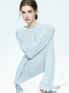 chicjuly Ice Blue Henley Collar Minimalist Commuter Women's Linen Long Sleeve T-shirts