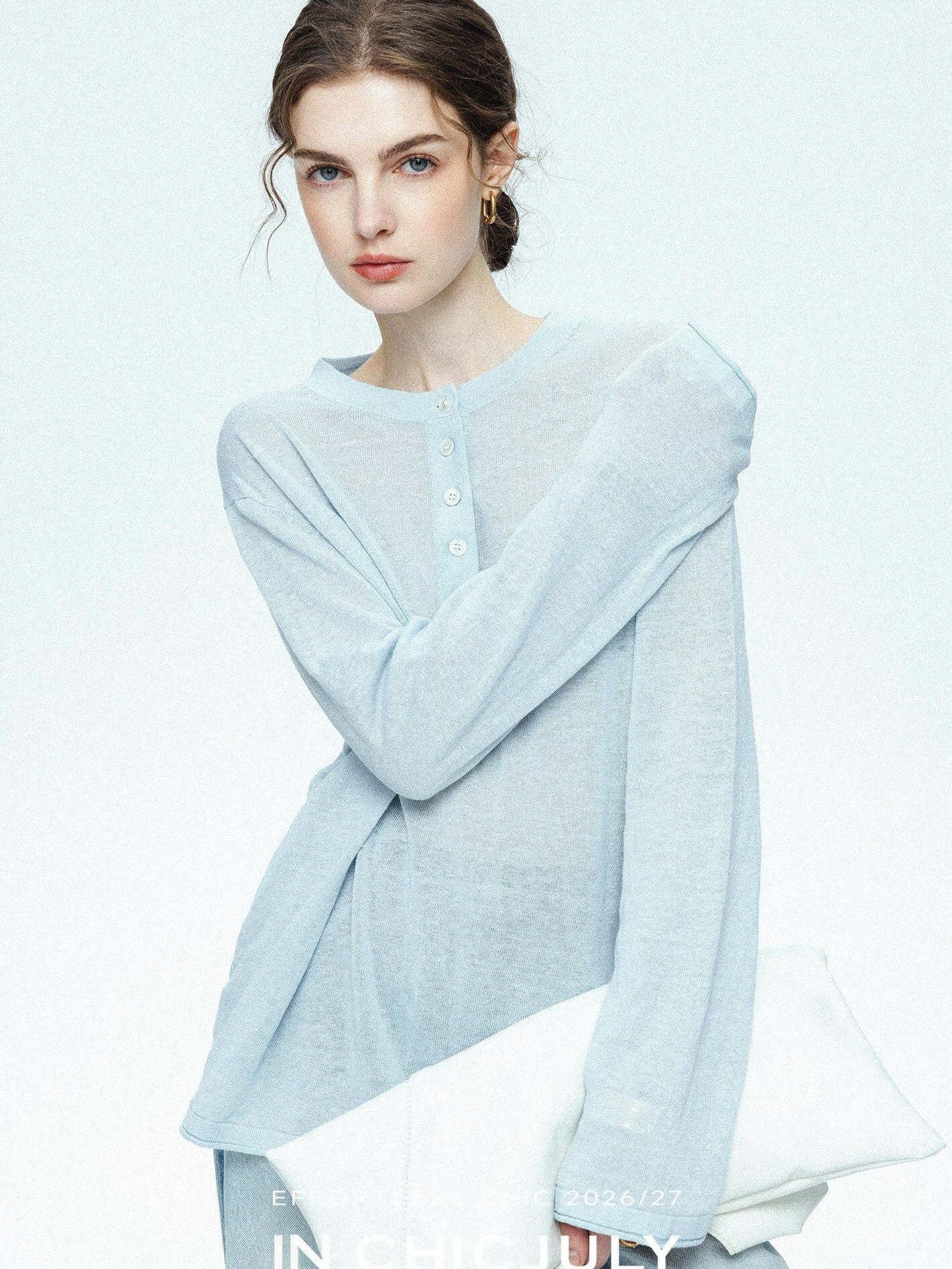 chicjuly Ice Blue Henley Collar Minimalist Commuter Women's Linen Long Sleeve T-shirts