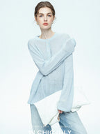 chicjuly Ice Blue Henley Collar Minimalist Commuter Women's Linen Long Sleeve T-shirts