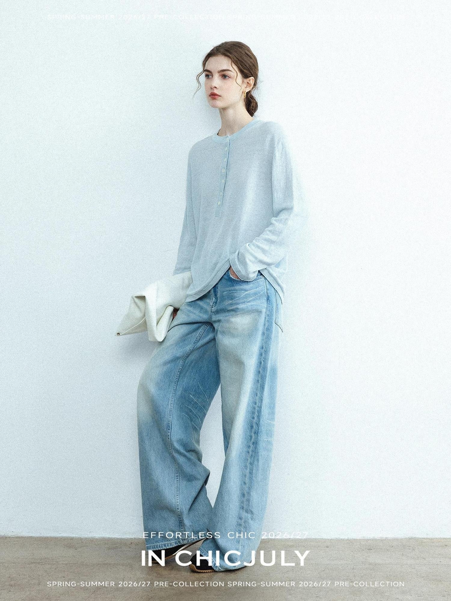 chicjuly Ice Blue Henley Collar Minimalist Commuter Women's Linen Long Sleeve T-shirts