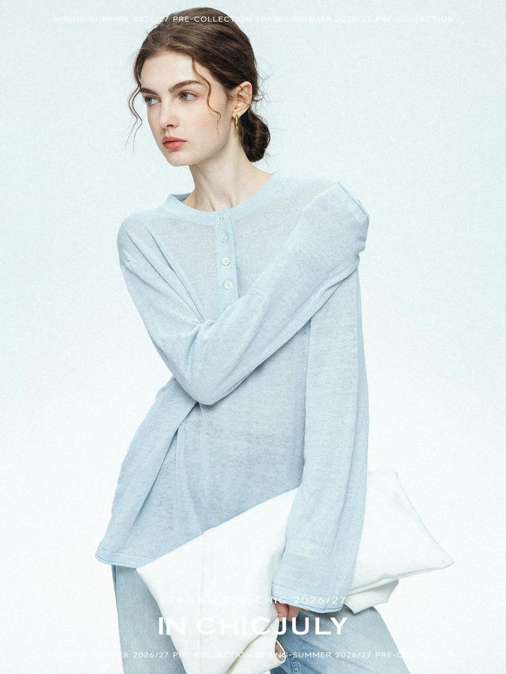 chicjuly Ice Blue Henley Collar Minimalist Commuter Women's Linen Long Sleeve T-shirts