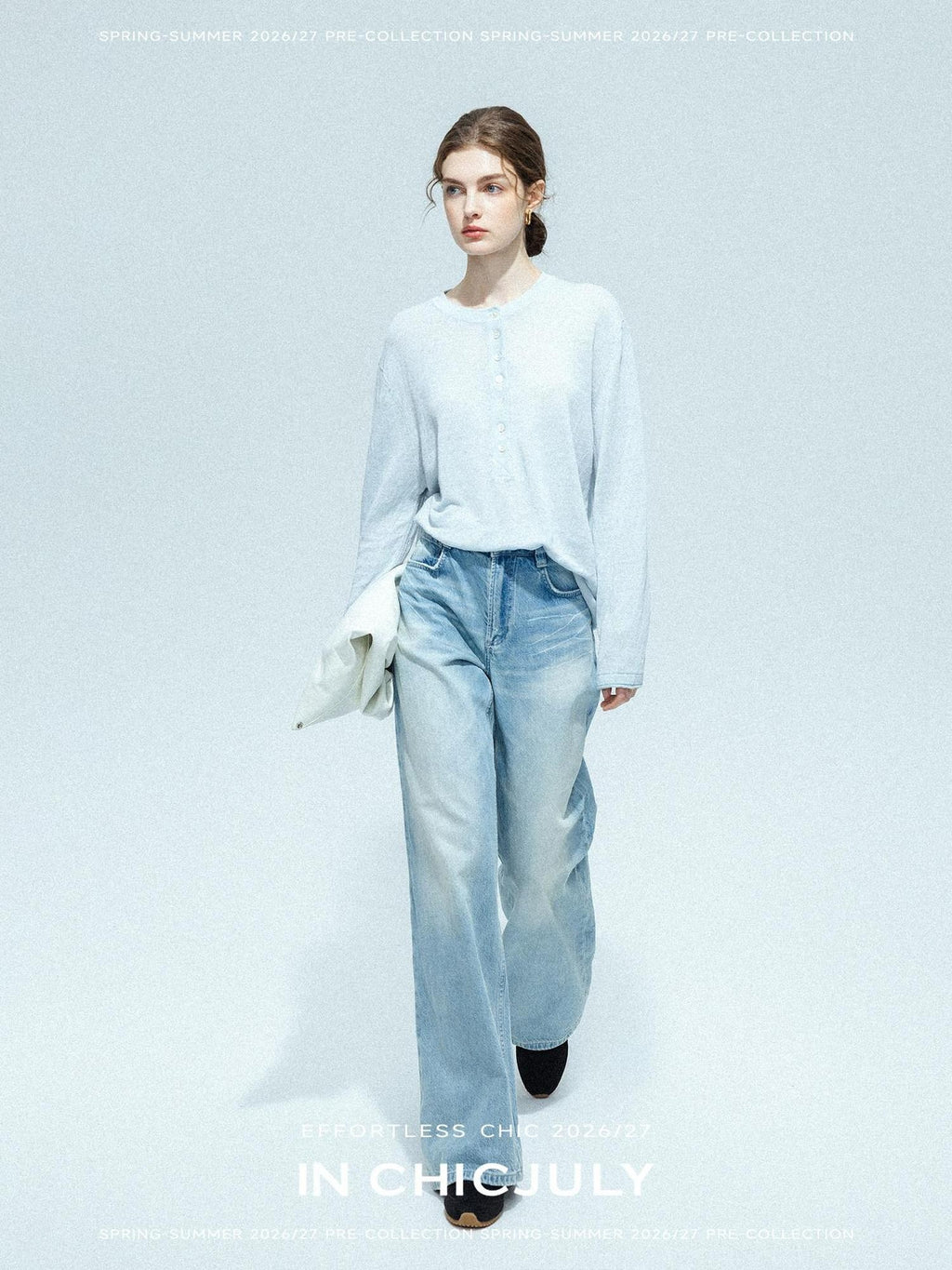 chicjuly Ice Blue Henley Collar Minimalist Commuter Women's Linen Long Sleeve T-shirts
