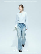chicjuly Ice Blue Henley Collar Minimalist Commuter Women's Linen Long Sleeve T-shirts