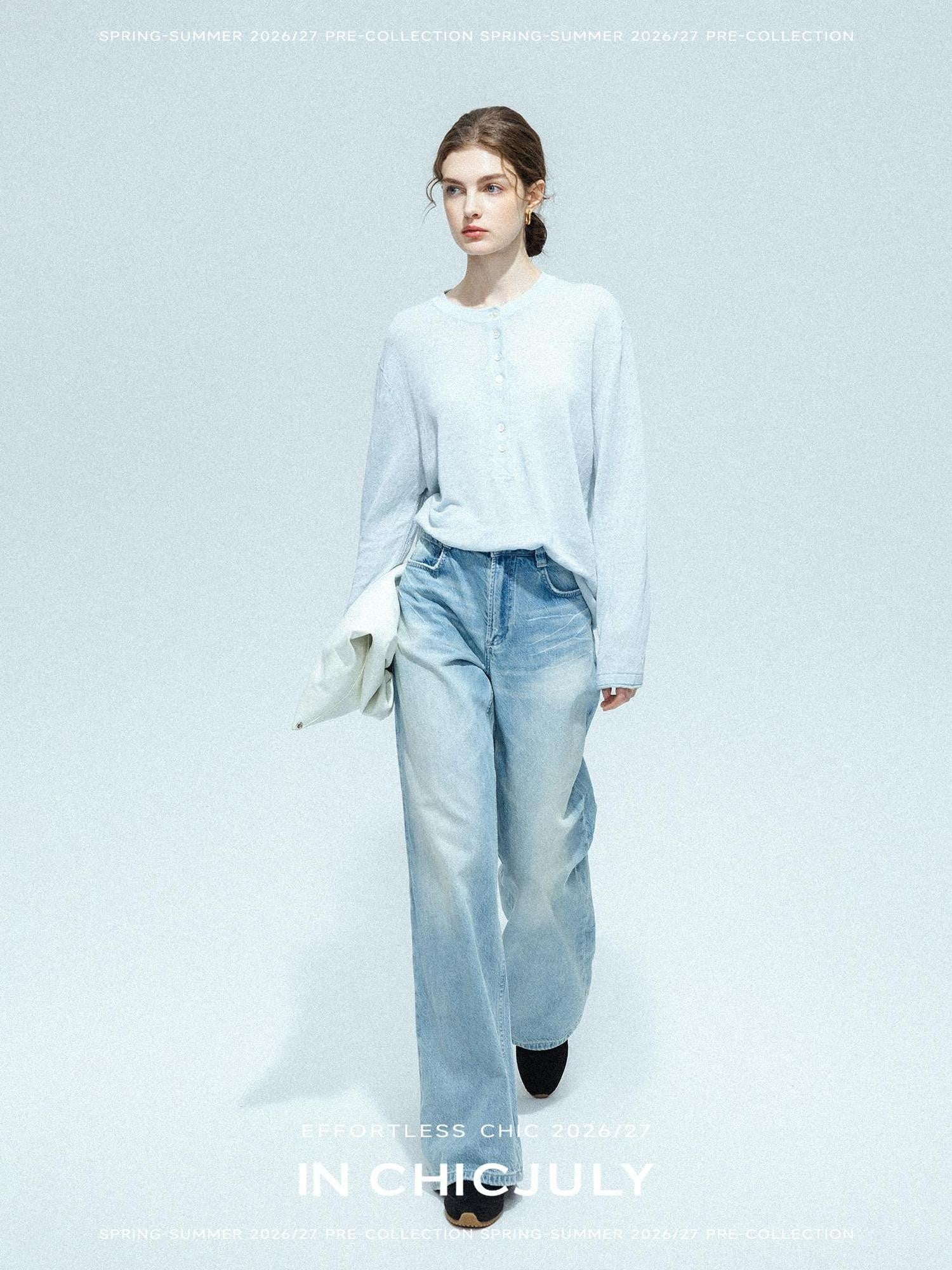 chicjuly Ice Blue Henley Collar Minimalist Commuter Women's Linen Long Sleeve T-shirts