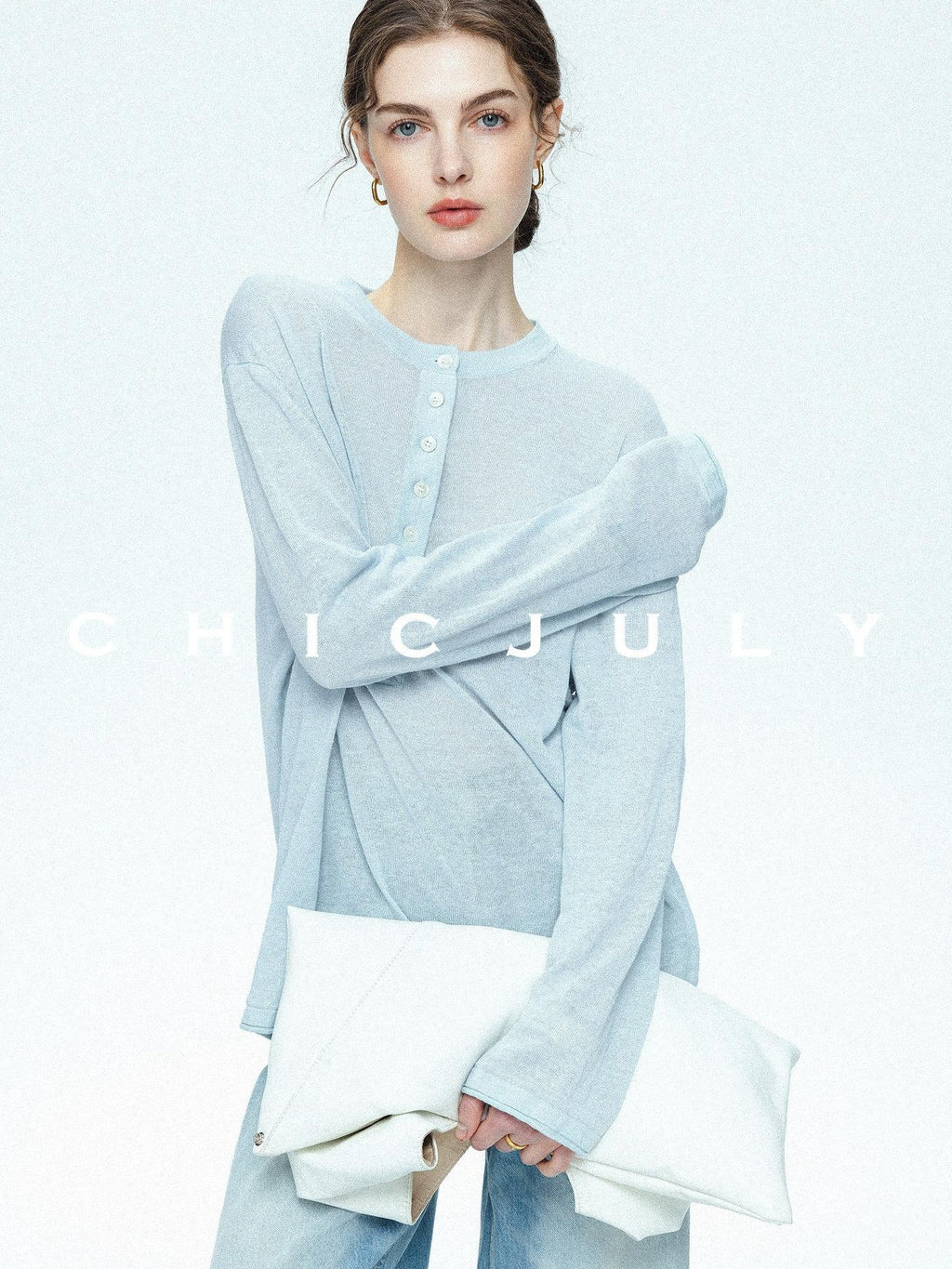 chicjuly Ice Blue Henley Collar Minimalist Commuter Women's Linen Long Sleeve T-shirts