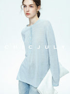 chicjuly Ice Blue Henley Collar Minimalist Commuter Women's Linen Long Sleeve T-shirts