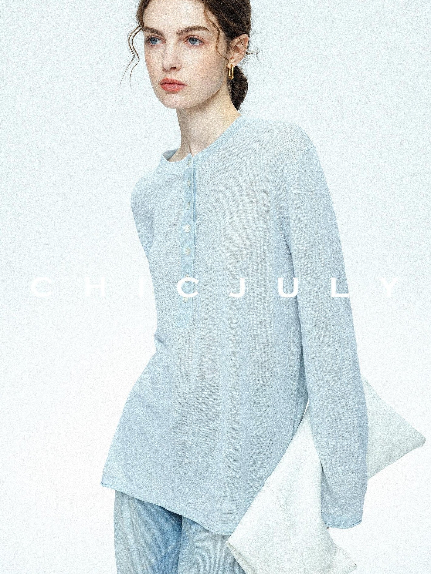 chicjuly Ice Blue Henley Collar Minimalist Commuter Women's Linen Long Sleeve T-shirts