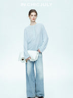 chicjuly Ice Blue Henley Collar Minimalist Commuter Women's Linen Long Sleeve T-shirts