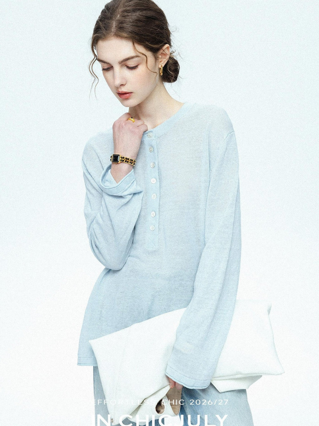 chicjuly Ice Blue Henley Collar Minimalist Commuter Women's Linen Long Sleeve T-shirts