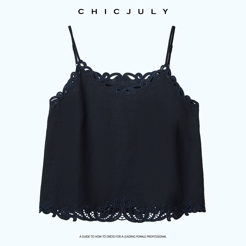 chicjuly Indigo Embroidered V-neck Loose Outerwear Women's Linen Tank Tops 1036613883505