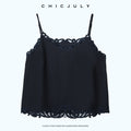 chicjuly Indigo Embroidered V-neck Loose Outerwear Women's Linen Tank Tops 1036613883505