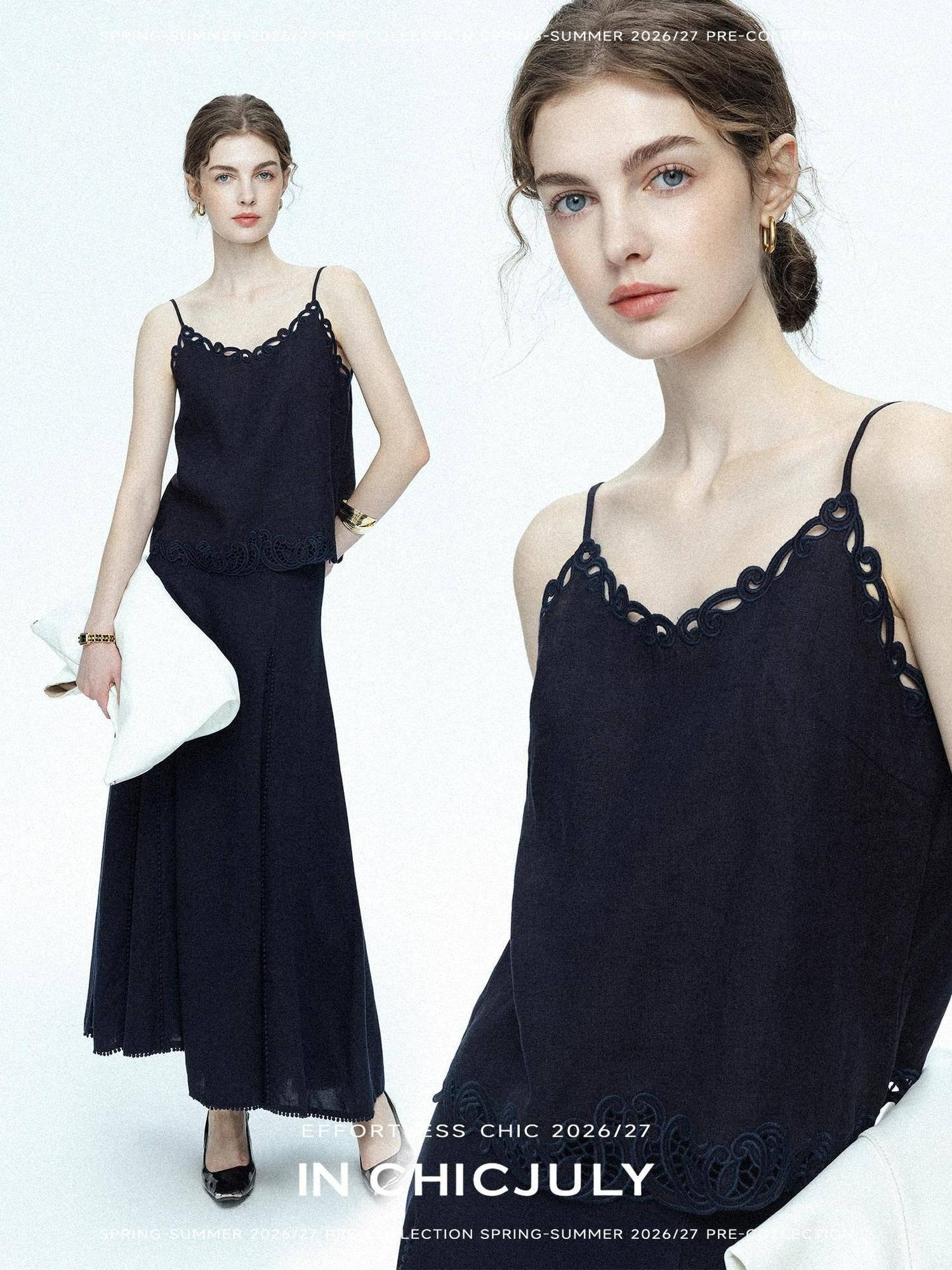 chicjuly Indigo Embroidered V-neck Loose Outerwear Women's Linen Tank Tops
