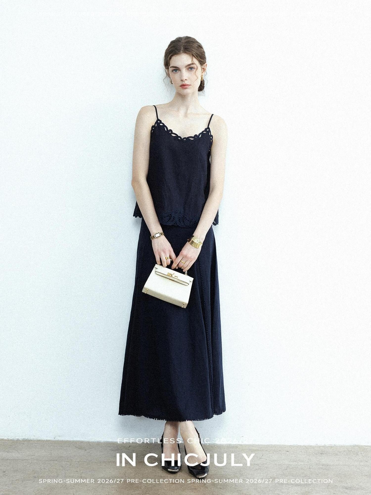 chicjuly Indigo Embroidered V-neck Loose Outerwear Women's Linen Tank Tops