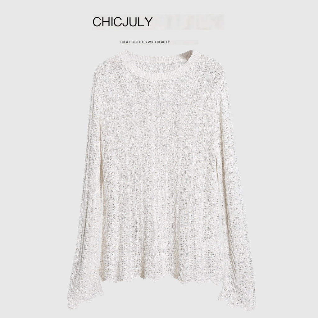 chicjuly Intricate Eyelet Knit Boxy Women's Linen Blend Long Sleeve T-shirts 901210107806