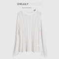 chicjuly Intricate Eyelet Knit Boxy Women's Linen Blend Long Sleeve T-shirts 901210107806