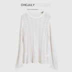 chicjuly Intricate Eyelet Knit Boxy Women's Linen Blend Long Sleeve T-shirts 901210107806