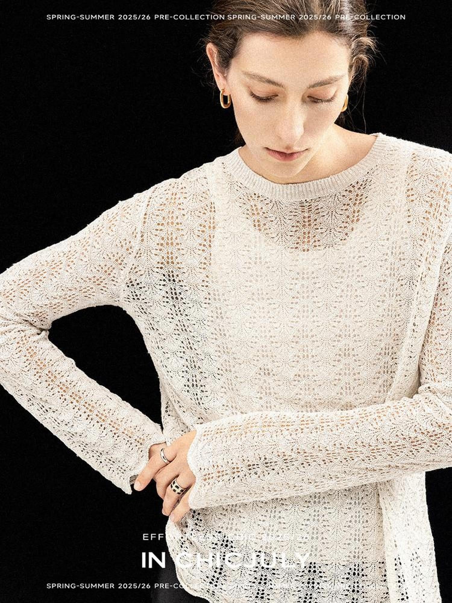 chicjuly Intricate Eyelet Knit Boxy Women's Linen Blend Long Sleeve T-shirts