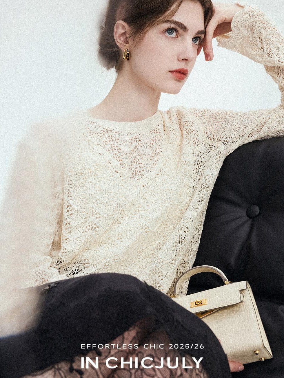 chicjuly Intricate Eyelet Knit Boxy Women's Linen Blend Long Sleeve T-shirts