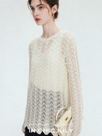 chicjuly Intricate Eyelet Knit Boxy Women's Linen Blend Long Sleeve T-shirts