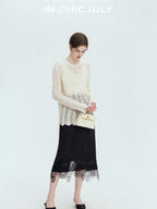 chicjuly Intricate Eyelet Knit Boxy Women's Linen Blend Long Sleeve T-shirts