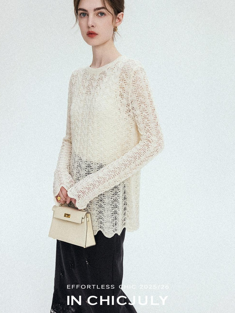 chicjuly Intricate Eyelet Knit Boxy Women's Linen Blend Long Sleeve T-shirts