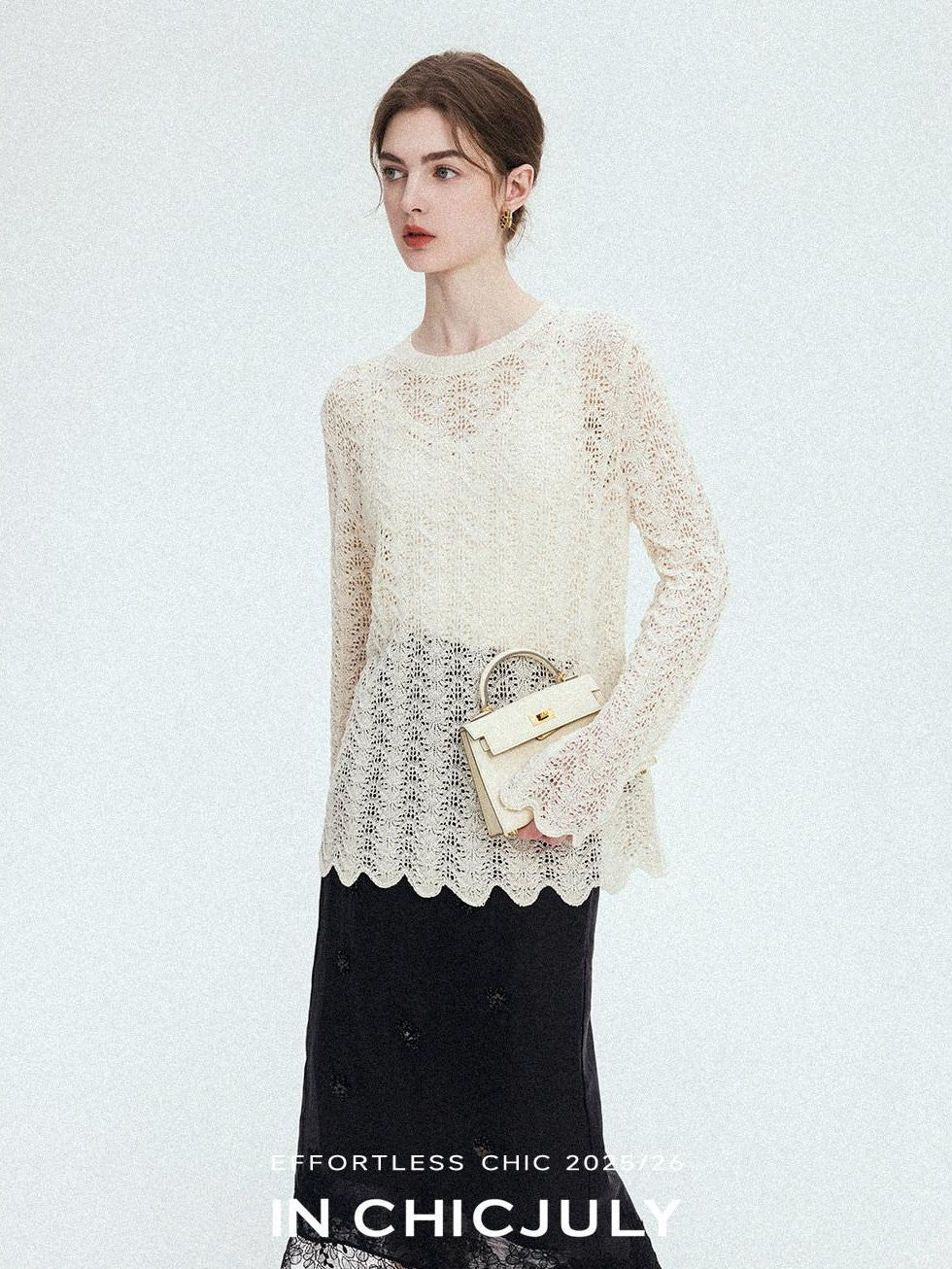 chicjuly Intricate Eyelet Knit Boxy Women's Linen Blend Long Sleeve T-shirts