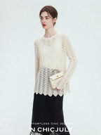 chicjuly Intricate Eyelet Knit Boxy Women's Linen Blend Long Sleeve T-shirts