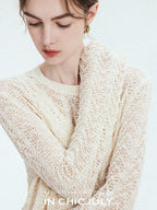 chicjuly Intricate Eyelet Knit Boxy Women's Linen Blend Long Sleeve T-shirts